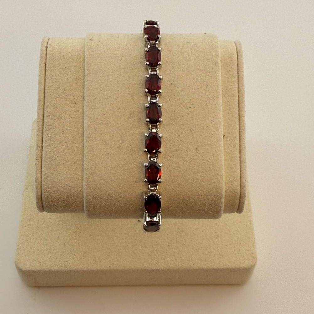 Genuine Garnet Tennis Bracelet 15.30 CTW 925 Sterling Silver 7" Oval Cut Red Gem